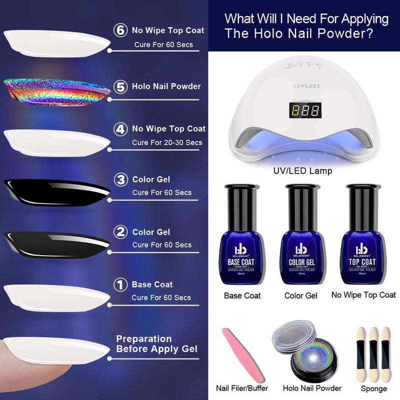 BELLEBOOST Holographic Nail Powder Holo Powders for Nails Chrome Nail Polishing Powder Rainbow Unicorn Mirror Effect Glitter Dust Manicure Pigment Nail Art DIY Deco with Sponge Tool/3pcs, 0.04oz/1g - Image 5